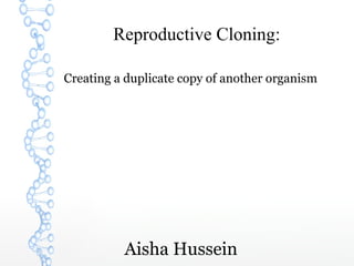 Reproductive Cloning:

Creating a duplicate copy of another organism




          Aisha Hussein
 