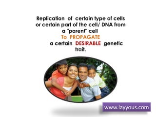 Replication of certain type of cells
or certain part of the cell/ DNA from
a "parent" cell
To PROPAGATE
a certain DESIRABLE genetic
trait.
www.layyous.com
 