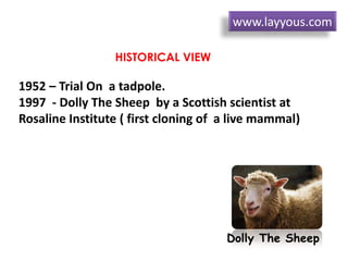HISTORICAL VIEW
1952 – Trial On a tadpole.
1997 - Dolly The Sheep by a Scottish scientist at
Rosaline Institute ( first cloning of a live mammal)
Dolly The Sheep
www.layyous.com
 