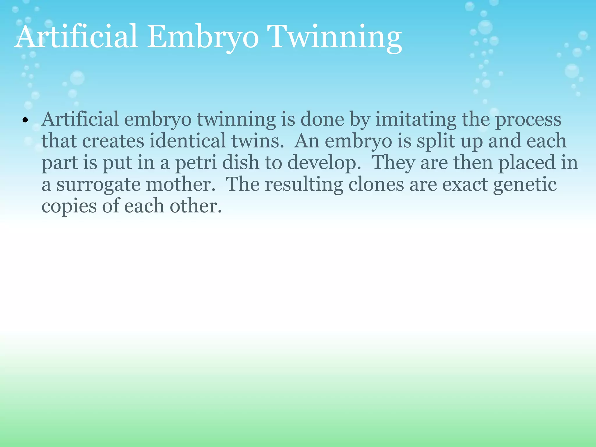 Artificial Embryo Twinning Artificial embryo twinning is done by imitating the process that creates identical twins.  An embryo is split up and each part is put in a petri dish to develop.  They are then placed in a surrogate mother.  The resulting clones are exact genetic copies of each other. 