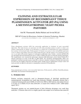 Bioscience & Engineering: An International Journal (BIOEJ), Vol.2, No.1, January 2015
1
CLONING AND EXTRACELLULAR
EXPRESSION OF RECOMBINANT TISSUE
PLASMINOGEN ACTIVATOR (RT-PA) USING
A METHYLOTROPHIC YEAST PICHIA
PASTORIS
Atul M. Vhanmarathi, Rekha Matlani and Arvind M.Lali
DBT-ICT-Centre for Biosciences, Institute of chemical Technology, Mumbai
atulmv4biotech@gmail.com, rekkhushim@gmail.com
ABSTRACT
Tissue plasminogen activator (tPA) has noteworthy application in treatment of acute myocardial
infarctions. This study focuses on expression of rt-PA using microbial systems in order to reduce cost
without compromising on quality as an alternative to commercial (rt-PA)produced by using mammalian
host systems. In the present study, Pichia pastoris X-33strain was used as a host with pICZαA expression
vector to obtain extracellular expression of full length tPA gene. Specific primers were designed in such a
way to get native tPA protein sequence in subsequent purification steps. Further, construct pICZαA-tPA
was developed and electroporated into host to achieve stablert-PA gene by achieving genome integration.
The transformants were screened for phenotypic characters.Mut+
phenotypic colony named Pichia tPA-3
showed expression of rt-PA at 66 kDa on SDS PAGE. Size Exclusion Chromatography (SEC) was
performed, resulting in product peak at same RT as reference standard. (alteplase).Cloning and expression
of rt-PA was successfully achieved in microbial system. Further process optimization at larger scales will
surely provide cost effective alternative to mammalian system forrt-PA production.
KEYWORDS
Tissue plasminogen activator, acute myocardial infarctions, Pichia pastoris, pICZαA, FactorXa protease,
SDS PAGE, Size Exclusion Chromatography etc.
1. INTRODUCTION
Proteins are being extensively used in therapeutics because of their high specificity and
immunologically acceptability over small drug molecules. Globally, therapeutic proteins had a
compound annual growth rate (CAGR) of 16.4% from 2002 to 2010 whereas, the market forecast
is to grow at a CAGR of 6.2% from 2010-2017, to reach $141.5 billion in 2017. (GBI market
report, 2011)
Therapeutic proteins are very popular because of their following advantages over small drug
molecules: 1) Proteins often serve as a highly specific and complex set of functions that cannot be
 
