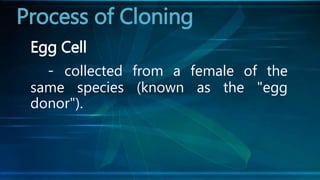 Egg Cell
- collected from a female of the
same species (known as the "egg
donor").
Process of Cloning
 