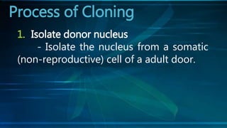 1. Isolate donor nucleus
- Isolate the nucleus from a somatic
(non-reproductive) cell of a adult door.
Process of Cloning
 