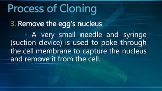 3. Remove the egg's nucleus
- A very small needle and syringe
(suction device) is used to poke through
the cell membrane to capture the nucleus
and remove it from the cell.
Process of Cloning
 