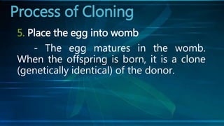 5. Place the egg into womb
- The egg matures in the womb.
When the offspring is born, it is a clone
(genetically identical) of the donor.
Process of Cloning
 
