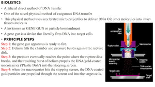 BIOLISTICS
• Artificial direct method of DNA transfer
• One of the novel physical method of exogenous DNA transfer
• This physical method uses accelerated micro projectiles to deliver DNA OR other molecules into intact
tissues and cells
• Also known as GENE GUN or particle bombardment
• A gene gun is a device that literally fires DNA into target cells
• PRINCIPLE STEPS
Step 1: the gene gun apparatus is ready to fire.
Step 2: Helium fills the chamber and pressure builds against the rupture
disk.
Step 3: the pressure eventually reaches the point where the rupture disk
breaks, and the resulting burst of helium propels the DNA/gold-coated
macrocarrier ('Plastic Disk') into the stopping screen.
Step 4: when the macrocarrier hits the stopping screen, the DNA-coated
gold particles are propelled through the screen and into the target cells.
 