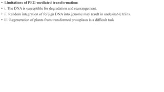 • Limitations of PEG-mediated transformation:
• i. The DNA is susceptible for degradation and rearrangement.
• ii. Random integration of foreign DNA into genome may result in undesirable traits.
• iii. Regeneration of plants from transformed protoplasts is a difficult task
 