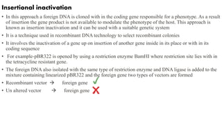 Insertional inactivation
• In this approach a foreign DNA is cloned with in the coding gene responsible for a phenotype. As a result
of insertion the gene product is not available to modulate the phenotype of the host. This approach is
known as insertion inactivation and it can be used with a suitable genetic system
• It is a technique used in recombinant DNA technology to select recombinant colonies
• It involves the inactivation of a gene up on insertion of another gene inside in its place or with in its
coding sequence
• For example-pBR322 is opened by using a restriction enzyme BamHI where restriction site lies with in
the tetracycline resistant gene.
• The foreign DNA also isolated with the same type of restriction enzyme and DNA ligase is added to the
mixture containing linearized pBR322 and the foreign gene two types of vectors are formed
• Recombinant vector  foreign gene
• Un altered vector  foreign gene
 