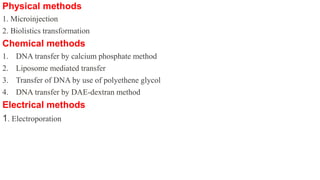 Physical methods
1. Microinjection
2. Biolistics transformation
Chemical methods
1. DNA transfer by calcium phosphate method
2. Liposome mediated transfer
3. Transfer of DNA by use of polyethene glycol
4. DNA transfer by DAE-dextran method
Electrical methods
1. Electroporation
 