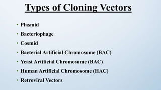 • Plasmid
• Bacteriophage
• Cosmid
• Bacterial Artificial Chromosome (BAC)
• Yeast Artificial Chromosome (BAC)
• Human Artificial Chromosome (HAC)
• Retroviral Vectors
Types of Cloning Vectors
 