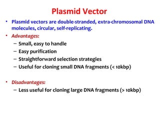 Plasmid Vector
• Plasmid vectors are double-stranded, extra-chromosomal DNA
molecules, circular, self-replicating.
• Advantages:
– Small, easy to handle
– Easy purification
– Straightforward selection strategies
– Useful for cloning small DNA fragments (< 10kbp)
• Disadvantages:
– Less useful for cloning large DNA fragments (> 10kbp)
 
