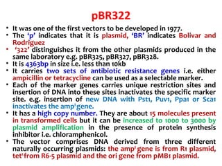 pBR322
• It was one of the first vectors to be developed in 1977.
• The ‘p’ indicates that it is plasmid, ‘BR’ indicates Bolivar and
Rodriguez
• ‘322’ distinguishes it from the other plasmids produced in the
same laboratory e.g. pBR325, pBR327, pBR328.
• It is 4363bp in size i.e. less than 10kb
• It carries two sets of antibiotic resistance genes i.e. either
ampicillin or tetracycline can be used as a selectable marker.
• Each of the marker genes carries unique restriction sites and
insertion of DNA into these sites inactivates the specific marker
site. e.g. insertion of new DNA with Pst1, Puv1, Ppa1 or Sca1
inactivates the ampR
gene.
• It has a high copy number. They are about 15 molecules present
in transformed cells but it can be increased to 1000 to 3000 by
plasmid amplification in the presence of protein synthesis
inhibitor i.e. chloramphenicol.
• The vector comprises DNA derived from three different
naturally occurring plasmids: the ampR
gene is from R1 plasmid,
tetR
from R6-5 plasmid and the ori gene from pMB1 plasmid.
 