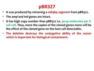pBR327
• It was produced by removing a 1089bp segment from pBR322.
• The ampR
and tetR
genes are intact.
• It has high cop...