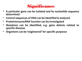 Significance
• A particular gene can be isolated and its nucleotide sequence
determined
• Control sequences of DNA can be ...