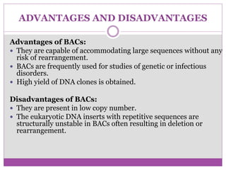ADVANTAGES AND DISADVANTAGES
Advantages of BACs:
 They are capable of accommodating large sequences without any
risk of rearrangement.
 BACs are frequently used for studies of genetic or infectious
disorders.
 High yield of DNA clones is obtained.
Disadvantages of BACs:
 They are present in low copy number.
 The eukaryotic DNA inserts with repetitive sequences are
structurally unstable in BACs often resulting in deletion or
rearrangement.
 