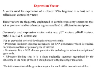 A vector used for expression of a cloned DNA fragment in a host cell is
called as an expression vector.
These vectors are frequently engineered to contain regulatory sequences that
act as promoter and/or enhancer regions and lead to efficient transcription.
Commonly used expression vector series are: pET vectors, pBAD vectors,
pRSET-A, B & C vectors etc.
Expression Vector
For an expression vector following features are essential:
• Promoter: Promoter sequence recognizes the RNA polymerase which is required
for initiation of transcription of gene of interest.
• Terminator: It is a DNA element present at the end of a gene where transcription of
gene ends.
• Ribosome binding site: It is a short nucleotide sequence recognized by the
ribosome as the point at which it should attach to the messenger molecule.
The initiation codon of the gene is always a few nucleotides downstream of this.
 