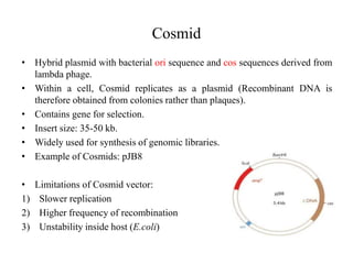 Cosmid
• Hybrid plasmid with bacterial ori sequence and cos sequences derived from
lambda phage.
• Within a cell, Cosmid replicates as a plasmid (Recombinant DNA is
therefore obtained from colonies rather than plaques).
• Contains gene for selection.
• Insert size: 35-50 kb.
• Widely used for synthesis of genomic libraries.
• Example of Cosmids: pJB8
• Limitations of Cosmid vector:
1) Slower replication
2) Higher frequency of recombination
3) Unstability inside host (E.coli)
 