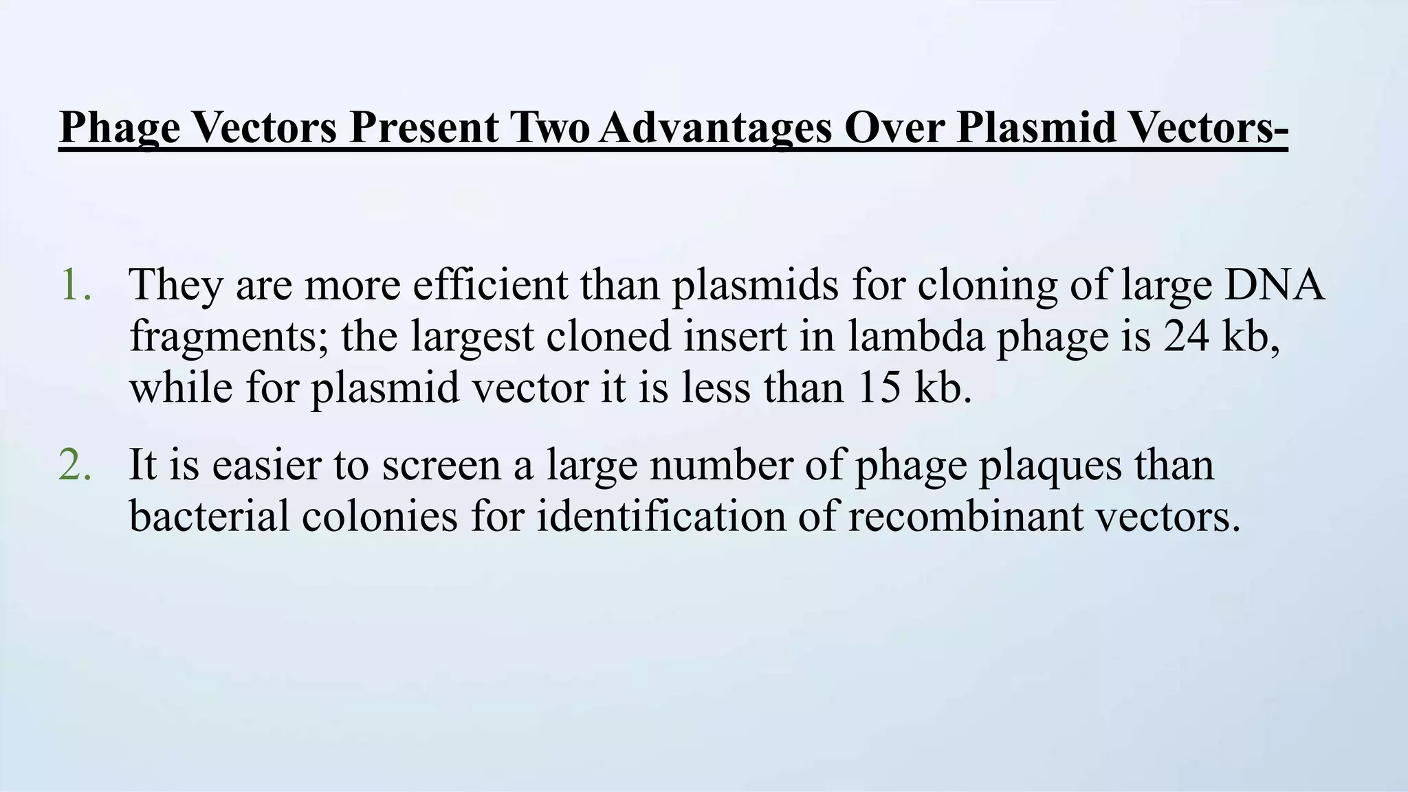 Phage Vectors Present TwoAdvantages Over Plasmid Vectors-
1. They are more efficient than plasmids for cloning of large DNA
fragments; the largest cloned insert in lambda phage is 24 kb,
while for plasmid vector it is less than 15 kb.
2. It is easier to screen a large number of phage plaques than
bacterial colonies for identification of recombinant vectors.
 