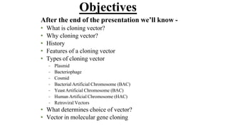 After the end of the presentation we’ll know -
• What is cloning vector?
• Why cloning vector?
• History
• Features of a cloning vector
• Types of cloning vector
– Plasmid
– Bacteriophage
– Cosmid
– Bacterial Artificial Chromosome (BAC)
– Yeast Artificial Chromosome (BAC)
– Human Artificial Chromosome (HAC)
– Retroviral Vectors
• What determines choice of vector?
• Vector in molecular gene cloning
Objectives
 
