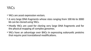 YACs
• YACs are yeast expression vectors.
• A very large DNA fragments whose sizes ranging from 100 kb to 3000
kb can be cloned using YACs.
• Mostly YACs are used for cloning very large DNA fragments and for
the physical mapping of complex genomes.
• YACs have an advantage over BACs in expressing eukaryotic proteins
that require post translational modifications.
 