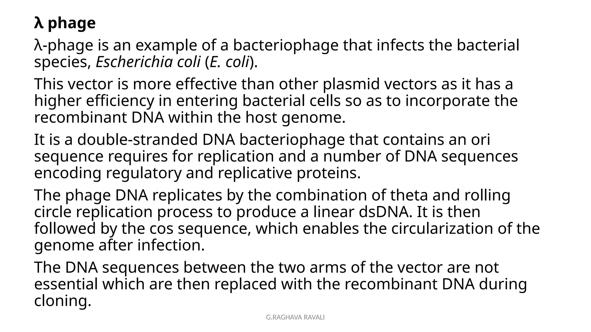G.RAGHAVA RAVALI
λ phage
λ-phage is an example of a bacteriophage that infects the bacterial
species, Escherichia coli (E. coli).
This vector is more effective than other plasmid vectors as it has a
higher efficiency in entering bacterial cells so as to incorporate the
recombinant DNA within the host genome.
It is a double-stranded DNA bacteriophage that contains an ori
sequence requires for replication and a number of DNA sequences
encoding regulatory and replicative proteins.
The phage DNA replicates by the combination of theta and rolling
circle replication process to produce a linear dsDNA. It is then
followed by the cos sequence, which enables the circularization of the
genome after infection.
The DNA sequences between the two arms of the vector are not
essential which are then replaced with the recombinant DNA during
cloning.
 