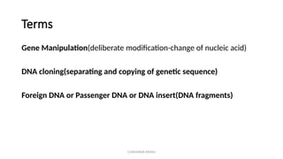 G.RAGHAVA RAVALI
Terms
Gene Manipulation(deliberate modification-change of nucleic acid)
DNA cloning(separating and copying of genetic sequence)
Foreign DNA or Passenger DNA or DNA insert(DNA fragments)
 