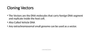 G.RAGHAVA RAVALI
Cloning Vectors
• The Vectors are the DNA molecules that carry foreign DNA segment
and replicate inside the host cell.
• Also Called Vehicle DNA
• Any extrachromosomal small genome can be used as a vector.
 