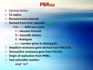 PBR322
 Cloning Vector.
 15 copies.
 Reconstructed plasmid.
 Derived from Ecoli plasmid- ColE1.
PBR322 – 4362 base pairs
P – denotes Plasmid
B – Scientific Boliver
R - Rodriguez
322 – number given to distinguish.
 Ampilicin resistance gene derived from RSF2124.
 Tetracycline resistance gene from PSC101.
 Origin of replication from PMB1.
 Two selectable markers
ampr tetr
 