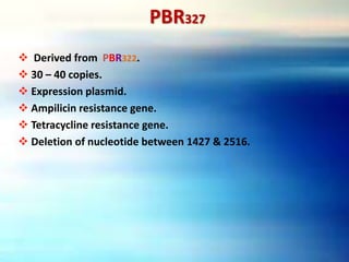 PBR327
 Derived from PBR322.
 30 – 40 copies.
 Expression plasmid.
 Ampilicin resistance gene.
 Tetracycline resistance gene.
 Deletion of nucleotide between 1427 & 2516.
 