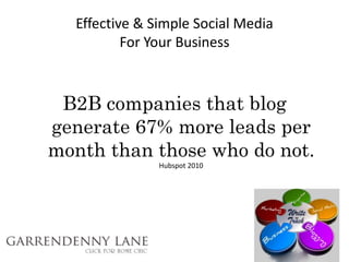 Effective & Simple Social Media
          For Your Business



 B2B companies that blog
generate 67% more leads per
month than those who do not.
               Hubspot 2010
 
