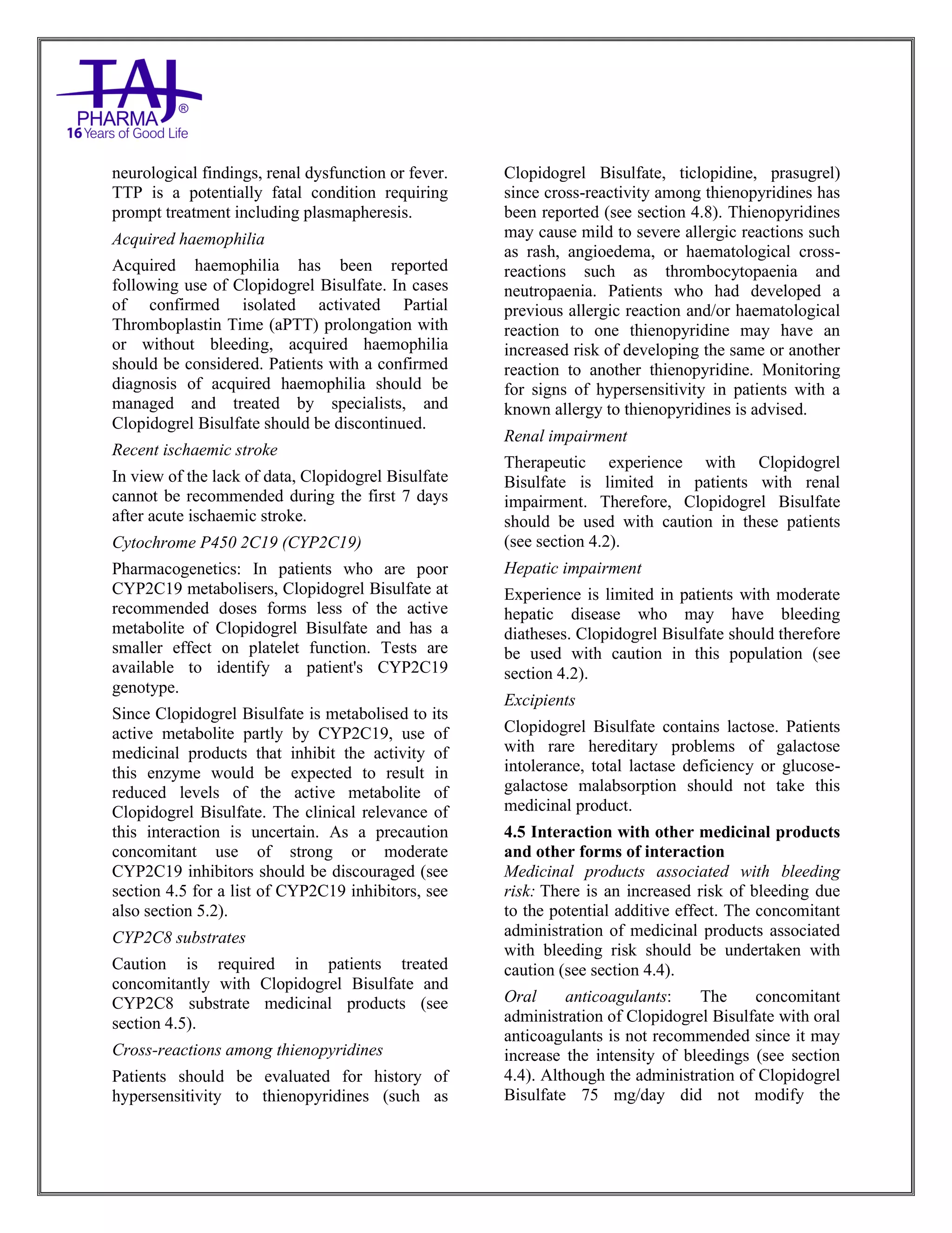 Clopidogrel Bisulfate Tablets USP SmPC Taj Pharmaceuticals | PDF