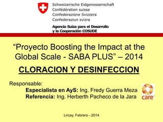 “Proyecto Boosting the Impact at the
Global Scale - SABA PLUS” – 2014
CLORACION Y DESINFECCION
Responsable:
Especialista en AyS: Ing. Fredy Guerra Meza
Referencia: Ing. Herberth Pacheco de la Jara
Lircay, Febrero - 2014
 