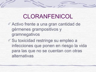 CLORANFENICOL
Activo frente a una gran cantidad de
gérmenes grampositivos y
gramnegativos
Su toxicidad restringe su empleo a
infecciones que ponen en riesgo la vida
para las que no se cuentan con otras
alternativas
 