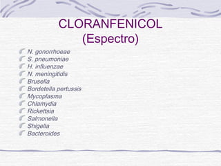 CLORANFENICOL
              (Espectro)
N. gonorrhoeae
S. pneumoniae
H. influenzae
N. meningitidis
Brusella
Bordetella pertussis
Mycoplasma
Chlamydia
Rickettsia
Salmonella
Shigella
Bacteroides
 