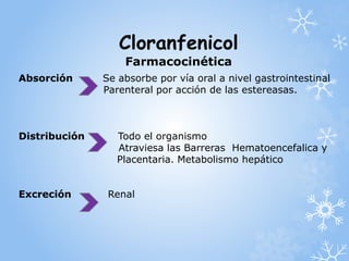 Cloranfenicol 
Farmacocinética 
Absorción Se absorbe por vía oral a nivel gastrointestinal 
Parenteral por acción de las estereasas. 
Distribución Todo el organismo 
Atraviesa las Barreras Hematoencefalica y 
Placentaria. Metabolismo hepático 
Excreción Renal 
 
