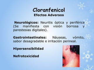 Cloranfenicol 
Efectos Adversos 
Neurológicos: Neuritis óptica y periférica 
(Se manifiesta con visión borrosa y 
parestesias digitales). 
Gastrointestinales: Náuseas, vómito, 
sabor desagradable e irritación perineal. 
Hipersensibilidad 
Nefrotoxicidad 
 