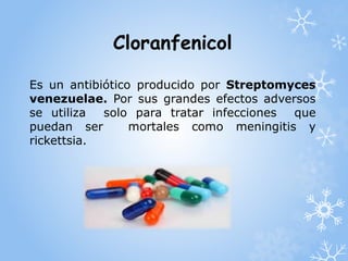 Cloranfenicol 
Es un antibiótico producido por Streptomyces 
venezuelae. Por sus grandes efectos adversos 
se utiliza solo para tratar infecciones que 
puedan ser mortales como meningitis y 
rickettsia. 
 