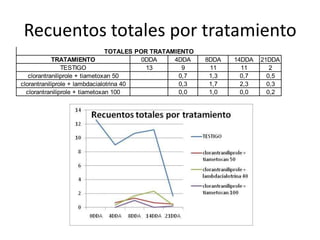 Recuentos totales por tratamiento
                                TOTALES POR TRATAMIENTO
            TRATAMIENTO                   0DDA    4DDA    8DDA   14DDA   21DDA
                TESTIGO                    13       9      11      11       2
   clorantraniliprole + tiametoxan 50              0,7     1,3     0,7     0,5
clorantraniliprole + lambdacialotrina 40           0,3     1,7     2,3     0,3
  clorantraniliprole + tiametoxan 100              0,0     1,0     0,0     0,2
 