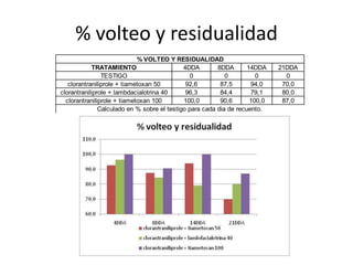 % volteo y residualidad
                             % VOLTEO Y RESIDUALIDAD
            TRATAMIENTO                      4DDA        8DDA       14DDA    21DDA
                TESTIGO                         0           0          0       0
   clorantraniliprole + tiametoxan 50         92,6        87,5       94,0     70,0
clorantraniliprole + lambdacialotrina 40      96,3        84,4       79,1     80,0
  clorantraniliprole + tiametoxan 100        100,0        90,6       100,0    87,0
               Calculado en % sobre el testigo para cada dia de recuento.
 