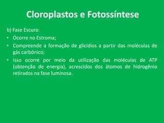 Cloroplastos e Fotossíntese
b) Fase Escura:
• Ocorre no Estroma;
• Compreende a formação de glicídios a partir das moléculas de
gás carbônico;
• Isso ocorre por meio da utilização das moléculas de ATP
(obtenção de energia), acrescidos dos átomos de hidrogênio
retirados na fase luminosa.
 