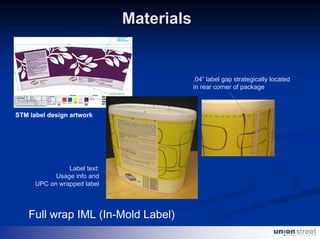 Materials


                                          .04” label gap strategically located
                                          in rear corner of package



STM label design artwork




                Label text:
            Usage info and
      UPC on wrapped label




    Full wrap IML (In-Mold Label)
 