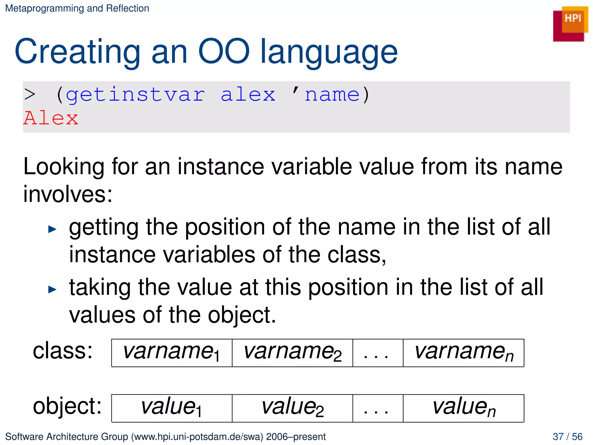 Metaprogramming and Reﬂection




 Creating an OO language
   > (getinstvar alex ’name)
   Alex

   Looking for an instance variable value from its name
   involves:
        getting the position of the name in the list of all
        instance variables of the class,
        taking the value at this position in the list of all
        values of the object.
     class:             varname1 varname2 . . .                               varnamen

     object:                value1                    value2            ...    valuen
Software Architecture Group (www.hpi.uni-potsdam.de/swa) 2006–present                    37 / 56
 