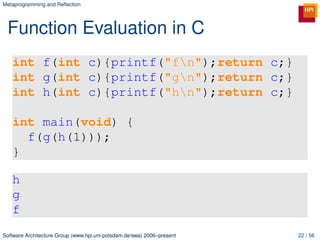 Metaprogramming and Reﬂection




 Function Evaluation in C
   int f(int c){printf("fn");return c;}
   int g(int c){printf("gn");return c;}
   int h(int c){printf("hn");return c;}

   int main(void) {
     f(g(h(1)));
   }

   h
   g
   f
Software Architecture Group (www.hpi.uni-potsdam.de/swa) 2006–present   22 / 56
 