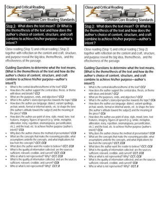 Close reading (Step 1) and critical reading ( Step 2)
together with reflection on the content and craft, structure,
and purpose reveal the big idea, theme/thesis, and the
effectiveness of the passage.
Guiding Questions to determine what the text means.
(What is the theme/thesis of the text and how do the
author’s choice of content, structure, and craft
combine to achieve his/her purpose—author’s
intent?)
• What is the central idea/thesis/theme of the text?CC2
• How does the author support the central idea, thesis, or theme
with ideas and details? CC2
• What are the purposes, ends, and objectives?CC2
• What is the author’s stance/perspective towards the topic?CC6
• How does the author use language: dialect, variant spellings,
archaic words, formal or informal words, etc. to shape the tone
(the author’s attitude toward the subject) and the meaning of
the piece? CC6
• How does the author use point of view, style, mood, tone, text
features, imagery, figures of speech (e.g. simile, metaphor,
alliteration, irony, repetition, onomatopoeia, personification,
etc.), and the lead, etc. to achieve his/her purpose (author’s
intent)? CC6
• Why does the author choose the method of presentation?CC8
• What are the concepts that make the reasoning possible, what
assumptions underlie the concepts, and what implications fol-
low from the concepts? CC7, CC8
• What does the author want the reader to believe?CC7, CC8
• What is the quality of information collected; are thesources
sufficient, relevant, credible, and current? CC7, CC8
• Who or what is not represented? Why? CC7, CC8
• What is the quality of information collected, and are thesources
sufficient, relevant, credible, and current? CC8
• Who or what is not represented? Why? CC7, 8
Close and Critical Reading
Common Core Reading Standards
Step 3: What does the text mean? Or What is
the theme/thesis of the text and how does the
author’s choice of content, structure, and craft
combine to achieve his/her purpose—author’s
intent?
Close reading (Step 1) and critical reading ( Step 2)
together with reflection on the content and craft, structure,
and purpose reveal the big idea, theme/thesis, and the
effectiveness of the passage.
Guiding Questions to determine what the text means.
(What is the theme/thesis of the text and how do the
author’s choice of content, structure, and craft
combine to achieve his/her purpose—author’s
intent?)
• What is the central idea/thesis/theme of the text?CC2
• How does the author support the central idea, thesis, or theme
with ideas and details? CC2
• What are the purposes, ends, and objectives?CC2
• What is the author’s stance/perspective towards the topic?CC6
• How does the author use language: dialect, variant spellings,
archaic words, formal or informal words, etc. to shape the tone
(the author’s attitude toward the subject) and the meaning of
the piece? CC6
• How does the author use point of view, style, mood, tone, text
features, imagery, figures of speech (e.g. simile, metaphor,
alliteration, irony, repetition, onomatopoeia, personification,
etc.), and the lead, etc. to achieve his/her purpose (author’s
intent)? CC6
• Why does the author choose the method of presentation?CC8
• What are the concepts that make the reasoning possible, what
assumptions underlie the concepts, and what implications fol-
low from the concepts? CC7, CC8
• What does the author want the reader to believe?CC7, CC8
• What is the quality of information collected; are thesources
sufficient, relevant, credible, and current? CC7, CC8
• Who or what is not represented? Why? CC7, CC8
• What is the quality of information collected, and are thesources
sufficient, relevant, credible, and current? CC8
• Who or what is not represented? Why? CC7, 8
Close and Critical Reading
Common Core Reading Standards
Step 3: What does the text mean? Or What is
the theme/thesis of the text and how does the
author’s choice of content, structure, and craft
combine to achieve his/her purpose—author’s
intent?
 