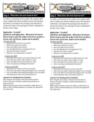 To make a connection to the reader’s life requires both
close reading and critical reading to get to the big ideas
and themes revealed in the passage and reflection to
connect the ideas in the passage to what is important in
the life of the reader.
Application: So what?
(Synthesis and Application: What does the theme/
thesis mean in your life and/or in the lives of others—
text-to-self, text-to-text, and/or text-to-world?)
Text(s)-to-self: CC7
• What does this remind me of in my life?
• What is this similar to in my life?
• How is this different from my life?
• Has something like this ever happened to me?
• How does this relate to my life?
• What were my feelings when I read this?
Text(s)-to-text: CC9
• What does this remind me of in another book I’ve read?
• How is this text similar to other things I’ve read?
• How is this different from other books I’ve read?
• Have I read about something like this before?
Text(s)-to-world: CC7
• What does this remind me of in the real world?
• How is this text similar to things that happen in the real world?
• How is this different from things that happen in the real world?
• How did that part relate to the world around me?
Common Core Reading Anchor Standards
CC7. Integrate and evaluate content presented in diverse
formats and media, including visually and quantitatively, as
well as in words.*
CC9. Analyze how two or more texts address similar themes or
topics in order to build knowledge or to compare the approaches
the authors take.
Close and Critical Reading
Common Core Reading Standards
Step 4: What does the text mean to me?
To make a connection to the reader’s life requires both
close reading and critical reading to get to the big ideas
and themes revealed in the passage and reflection to
connect the ideas in the passage to what is important in
the life of the reader.
Application: So what?
(Synthesis and Application: What does the theme/
thesis mean in your life and/or in the lives of others—
text-to-self, text-to-text, and/or text-to-world?)
Text(s)-to-self: CC7
• What does this remind me of in my life?
• What is this similar to in my life?
• How is this different from my life?
• Has something like this ever happened to me?
• How does this relate to my life?
• What were my feelings when I read this?
Text(s)-to-text: CC9
• What does this remind me of in another book I’ve read?
• How is this text similar to other things I’ve read?
• How is this different from other books I’ve read?
• Have I read about something like this before?
Text(s)-to-world: CC7
• What does this remind me of in the real world?
• How is this text similar to things that happen in the real world?
• How is this different from things that happen in the real world?
• How did that part relate to the world around me?
Common Core Reading Anchor Standards
CC7. Integrate and evaluate content presented in diverse
formats and media, including visually and quantitatively, as
well as in words.*
CC9. Analyze how two or more texts address similar themes or
topics in order to build knowledge or to compare the approaches
the authors take.
Close and Critical Reading
Common Core Reading Standards
Step 4: What does the text mean to me?
 