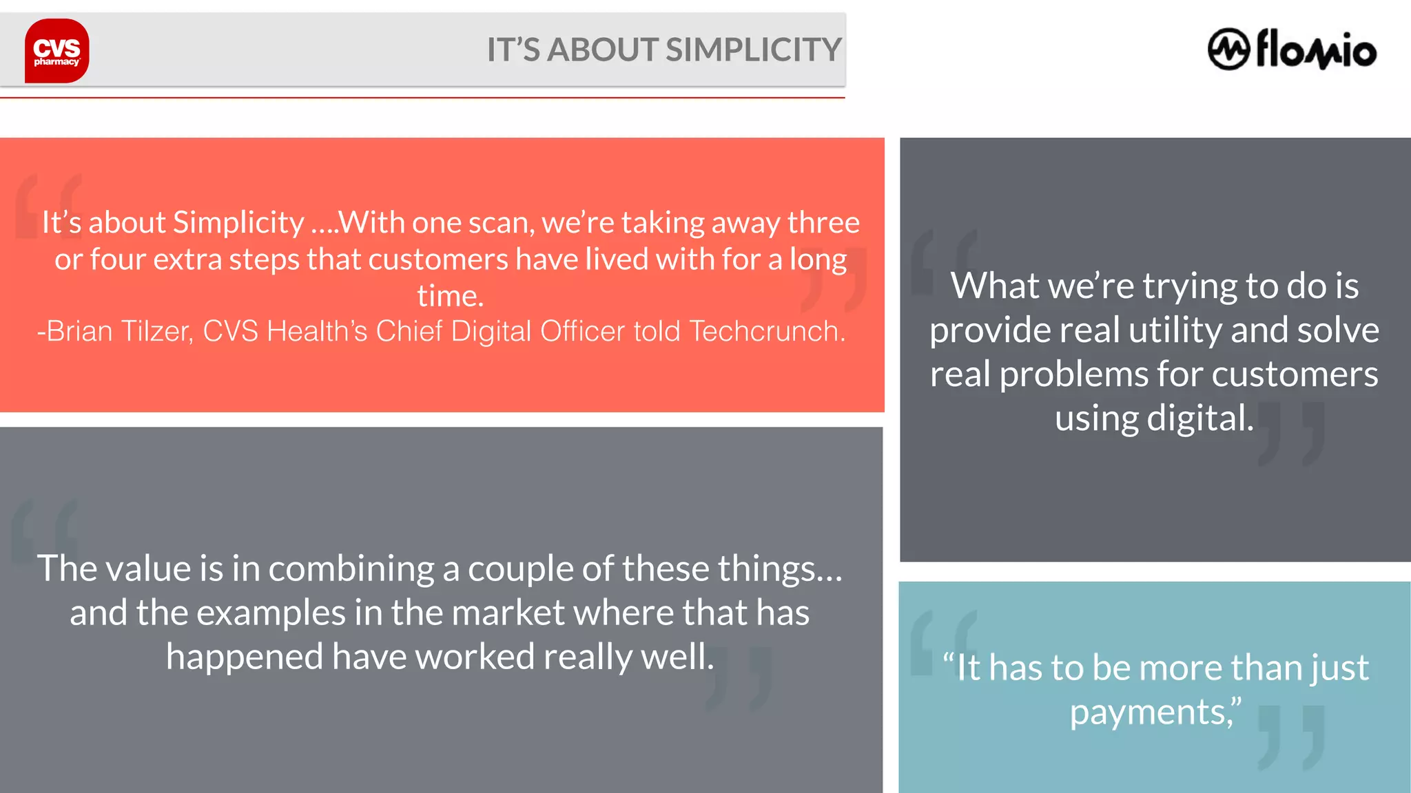 IT’S ABOUT SIMPLICITY
“ ”
It’s about Simplicity ….With one scan, we’re taking away three
or four extra steps that customers have lived with for a long
time.
-Brian Tilzer, CVS Health’s Chief Digital Ofﬁcer told Techcrunch.
“It has to be more than just
payments,”
“
”
What we’re trying to do is
provide real utility and solve
real problems for customers
using digital.
“The value is in combining a couple of these things…
and the examples in the market where that has
happened have worked really well.
 