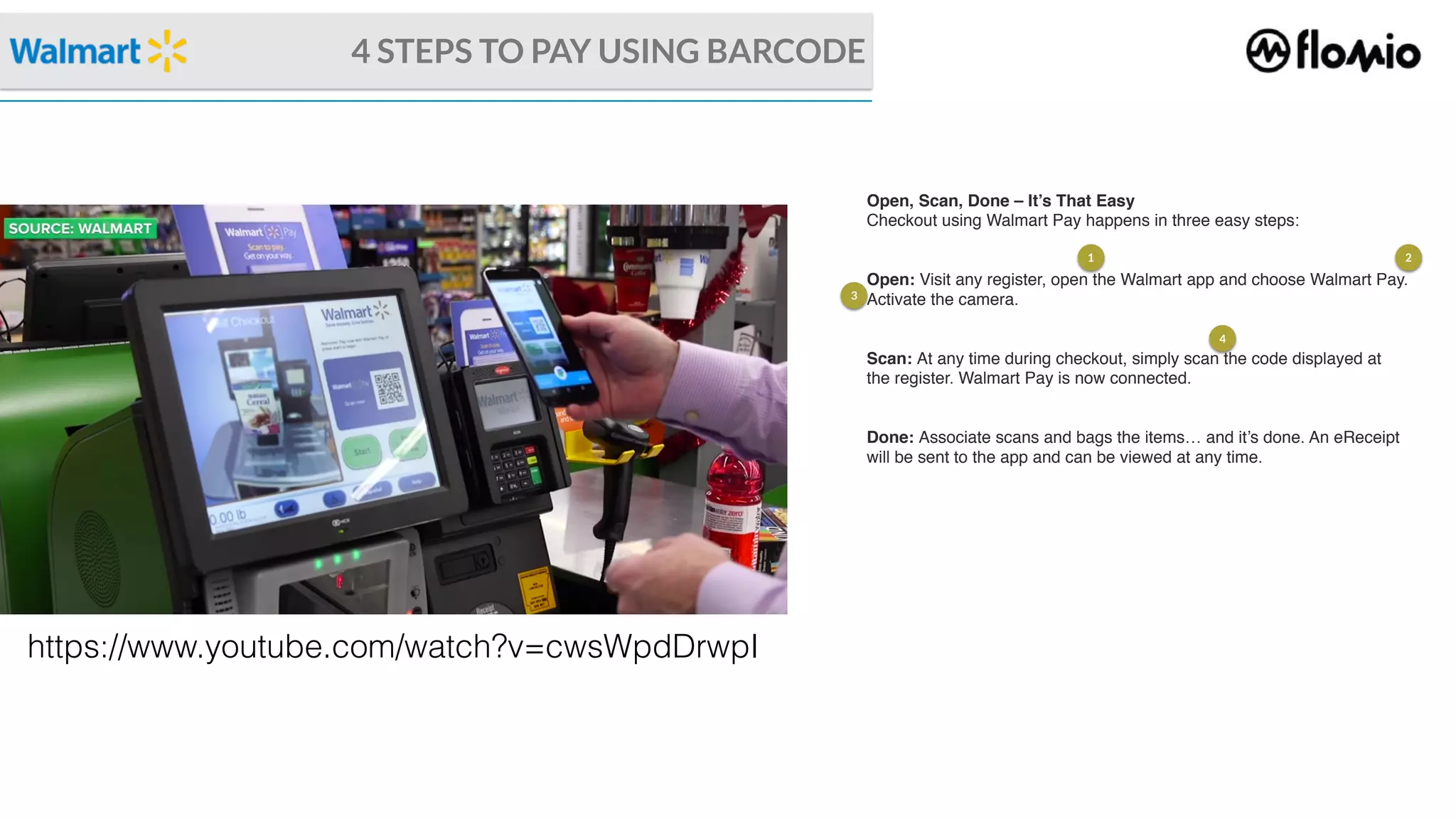 4 STEPS TO PAY USING BARCODE
https://www.youtube.com/watch?v=cwsWpdDrwpI
Open, Scan, Done – It’s That Easy
Checkout using Walmart Pay happens in three easy steps:
Open: Visit any register, open the Walmart app and choose Walmart Pay.
Activate the camera.
Scan: At any time during checkout, simply scan the code displayed at
the register. Walmart Pay is now connected.
Done: Associate scans and bags the items… and it’s done. An eReceipt
will be sent to the app and can be viewed at any time.
1 2
3
4
 