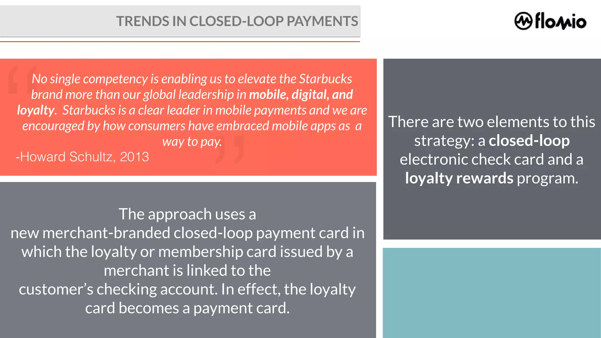 TRENDS IN CLOSED-LOOP PAYMENTS
“
”
No single competency is enabling us to elevate the Starbucks
brand more than our global leadership in mobile, digital, and
loyalty. Starbucks is a clear leader in mobile payments and we are
encouraged by how consumers have embraced mobile apps as a
way to pay.
-Howard Schultz, 2013
There are two elements to this
strategy: a closed-loop
electronic check card and a
loyalty rewards program.
The approach uses a
new merchant-branded closed-loop payment card in
which the loyalty or membership card issued by a
merchant is linked to the
customer’s checking account. In effect, the loyalty
card becomes a payment card.
 