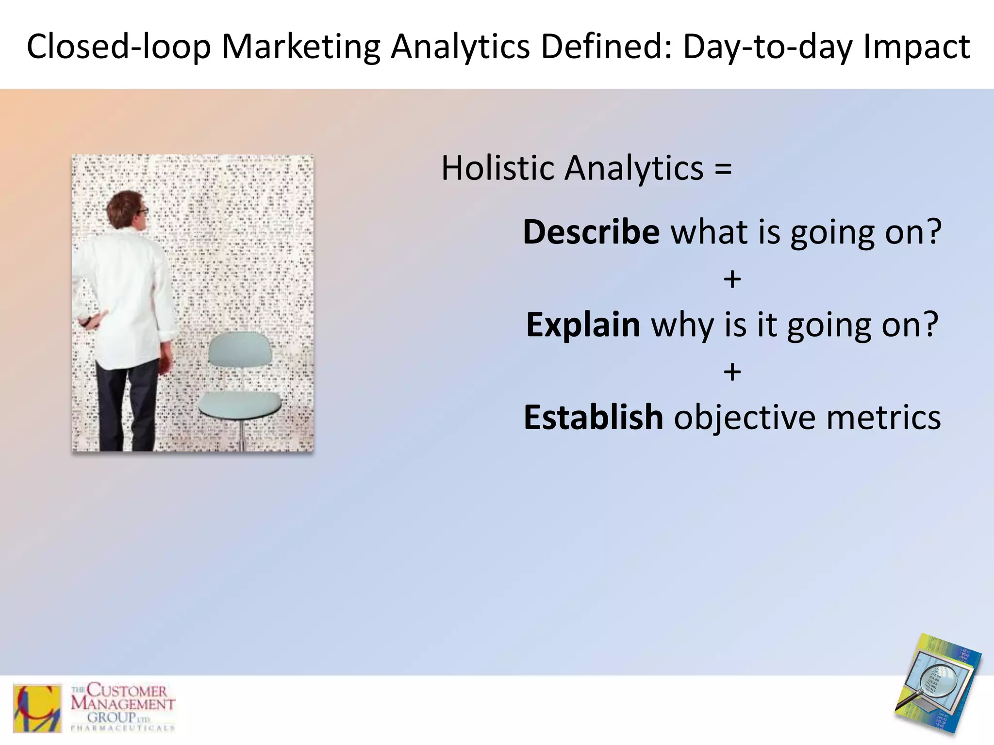 Closed-loop Marketing Analytics Defined: Day-to-day ImpactHolistic Analytics = Describe what is going on?+Explain why is it going on?+Establishobjective metrics