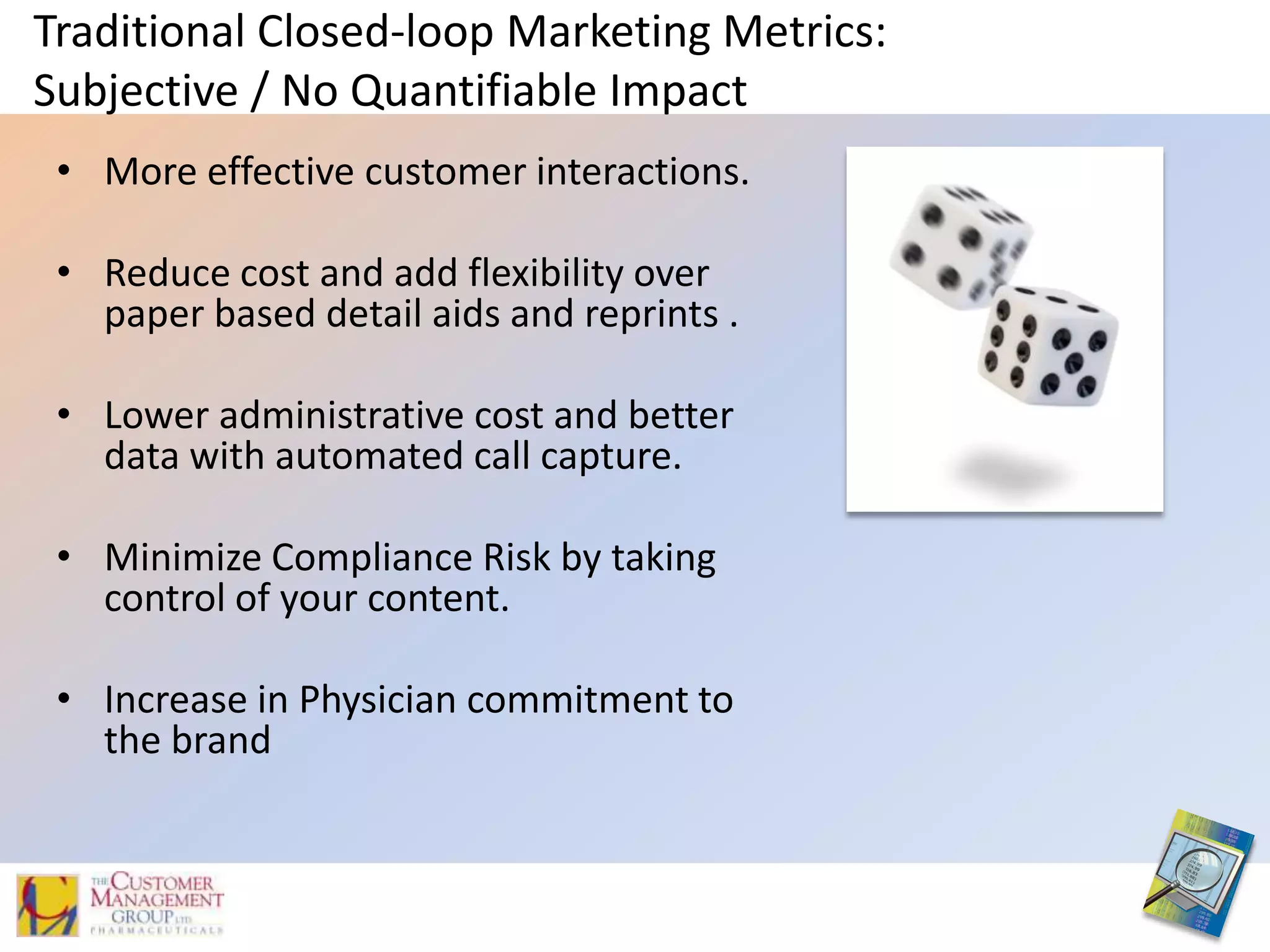 Traditional Closed-loop Marketing Metrics:Subjective / No Quantifiable Impact More effective customer interactions.